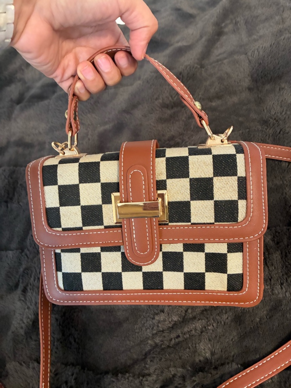 Brown & Black Checker Canvas Top-Handle Bag